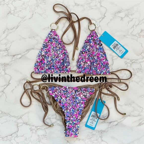 Beach Bunny Paparazzi Triangle Top XL & Tie Side Bottom M- Blue/Pink $270 - Picture 11 of 14